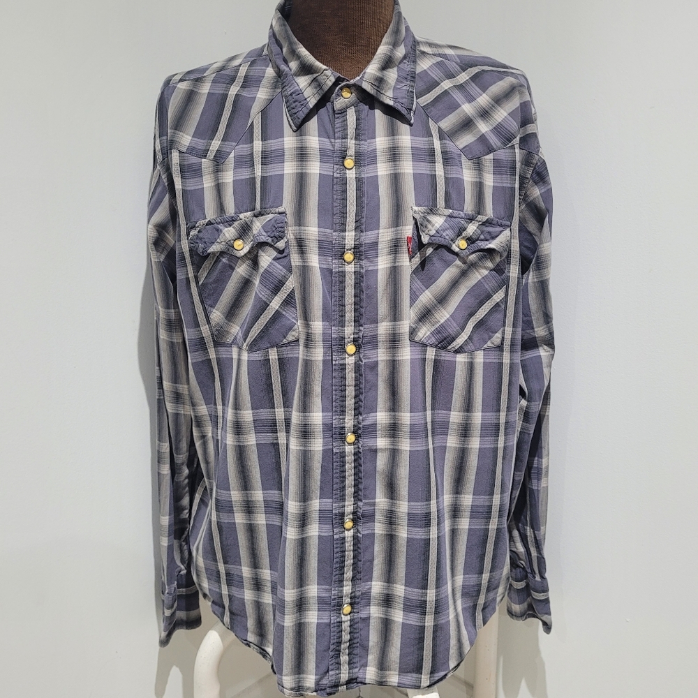 Levi Strauss Men's Vintage Plaid Snap Closure Western Shirt XL Blue Gray Cowboy